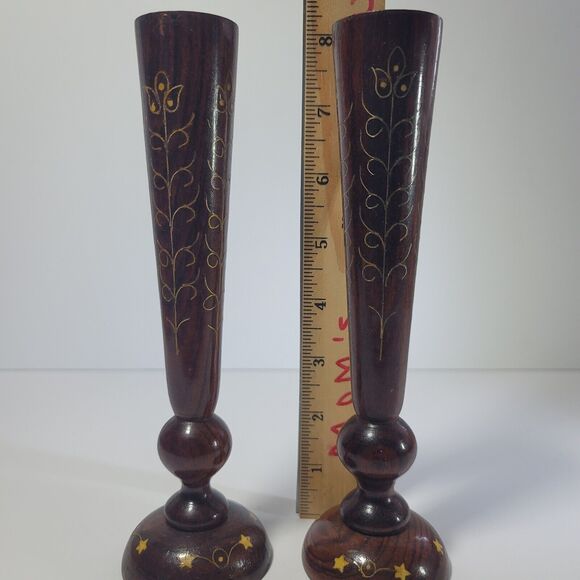 Pair Etched Wood Candlesticks 8" Thin, stars, swirls Made In India Vintage MCM - Picture 8 of 8